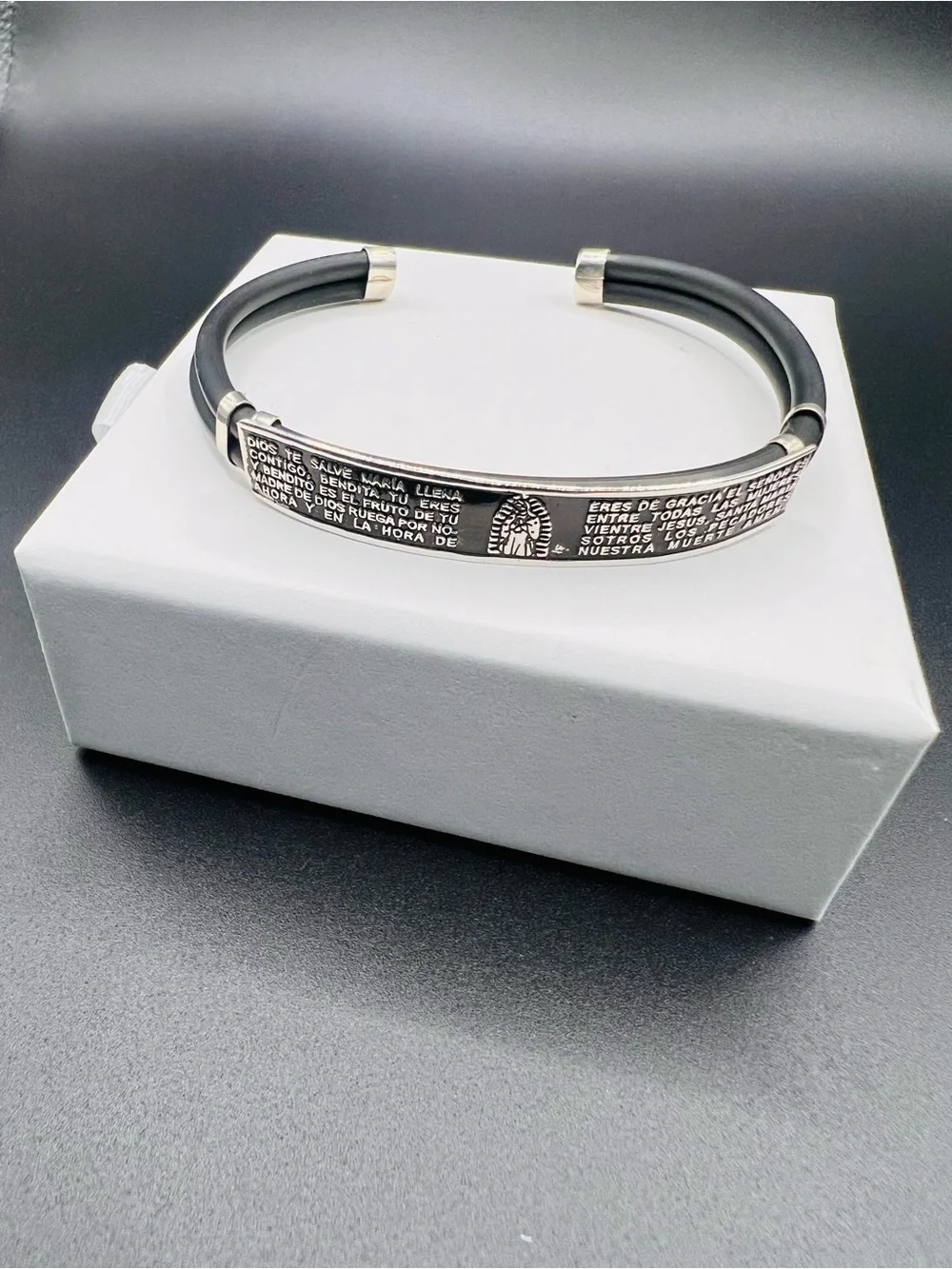Men's Black Rubber and Sterling Silver 925 Prayer cuff, adjustable cuff